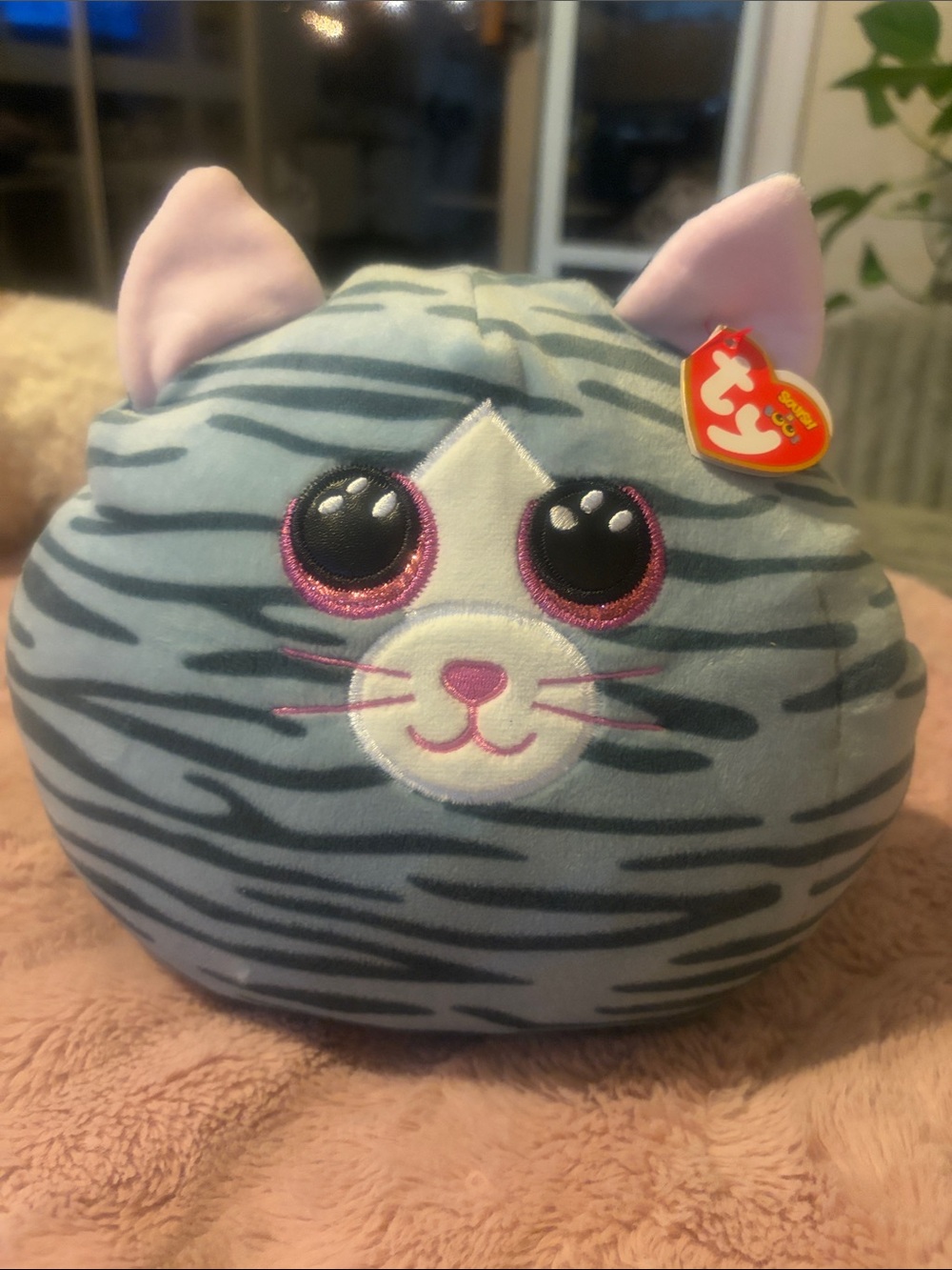 Ty Round Kitty Plush - Gray Zebra Print with Pink Accents